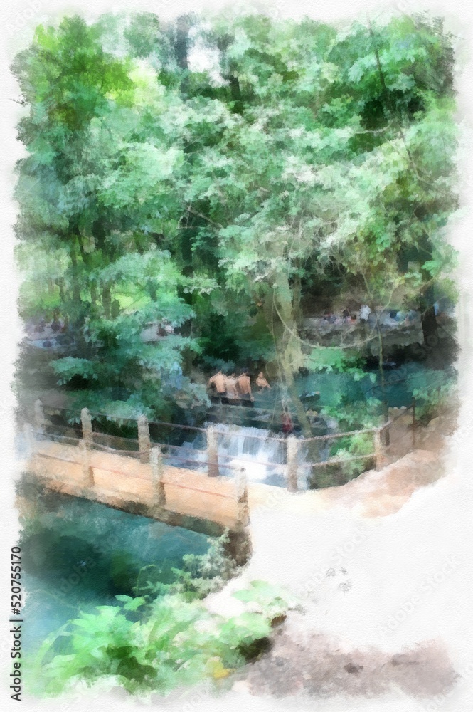 Naklejka premium Streams in natural forests have a clear green water that people swim in watercolor style illustration impressionist painting.