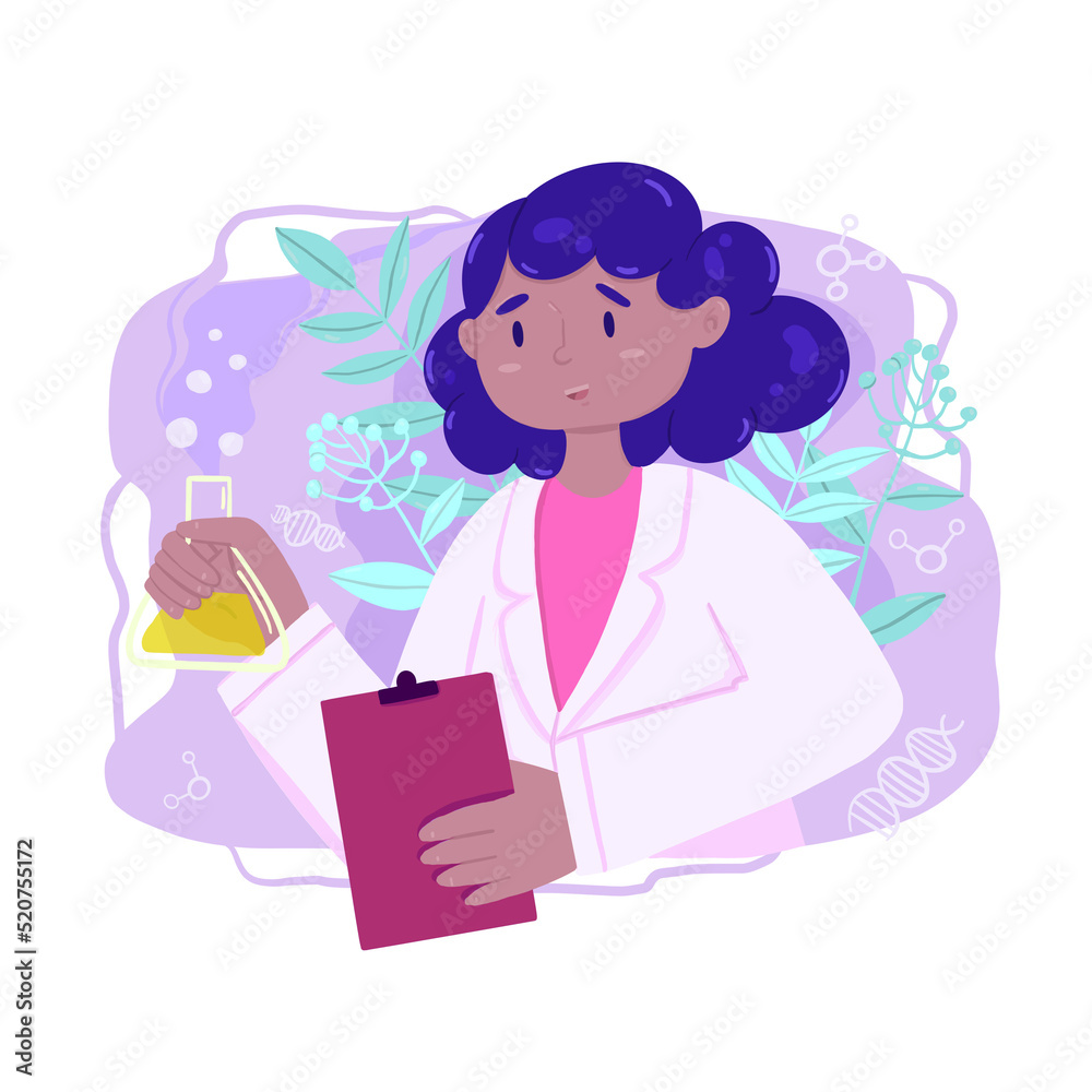 Africa American Female scientist with equipment and flower decoration around her Africa American Female scientist with equipment and flower decoration around her