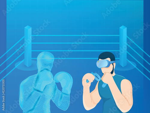 Futuristic digital technology, metaverse game, NFT, virtual reality, young man wearing VR, virtual reality goggle, experiencing virtual boxing game with wireframe boxer.