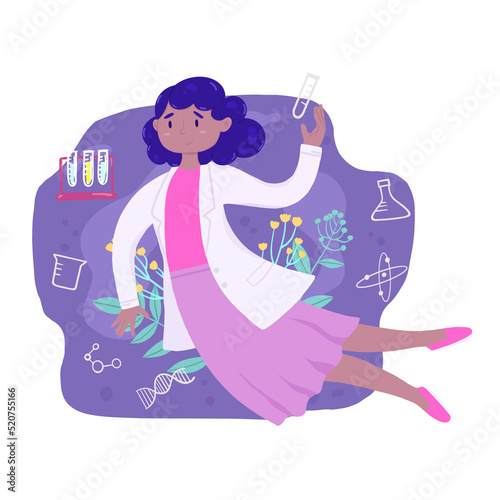 Africa American Female scientist with equipment and flower decoration around her