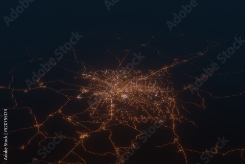 Aerial shot on Yamoussoukro (Ivory Coast) at night, view from west. Imitation of satellite view on modern city with street lights and glow effect. 3d render