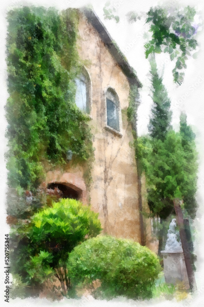 Ancient italian village architecture building watercolor style illustration impressionist painting.