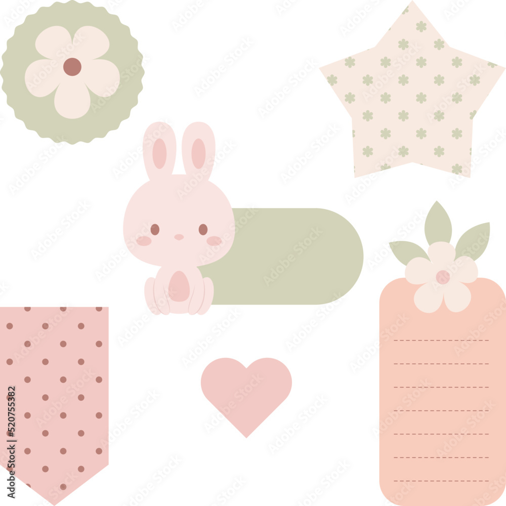 Cute digital note papers and stickers for bullet journaling or planning. Kawaii bunny and flowers. Ready to use digital stickers for digital planner. Vector art. Cute digital note papers and stickers for bullet journaling or planning. Kawaii bunny and flowers. Ready to use digital stickers for digital planner. Vector art.