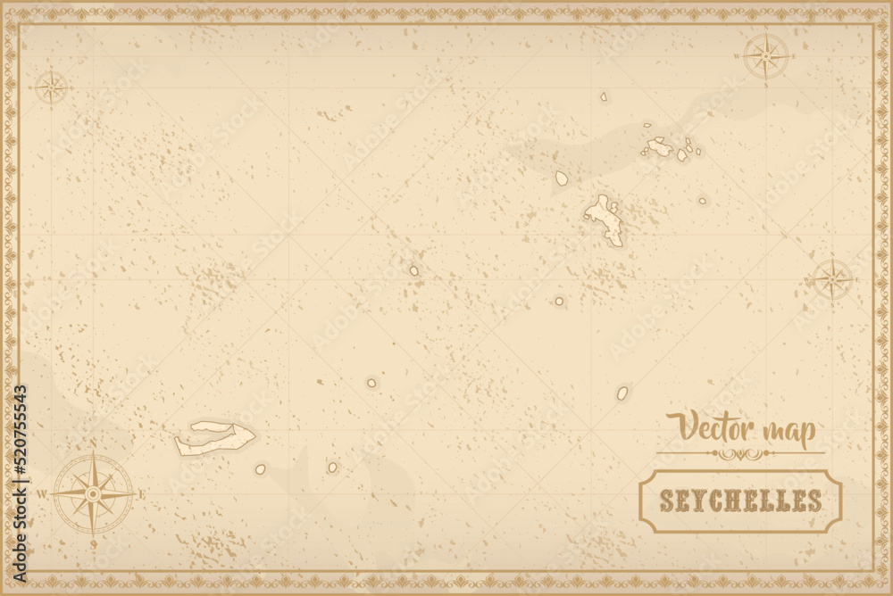 Map of Seychelles in the old style, brown graphics in retro fantasy style