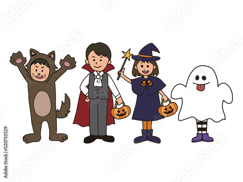 ハロウィン　仮装をする子供たちのイラストセット