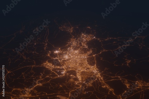 Aerial shot on Daegu (Korea) at night, view from west. Imitation of satellite view on modern city with street lights and glow effect. 3d render