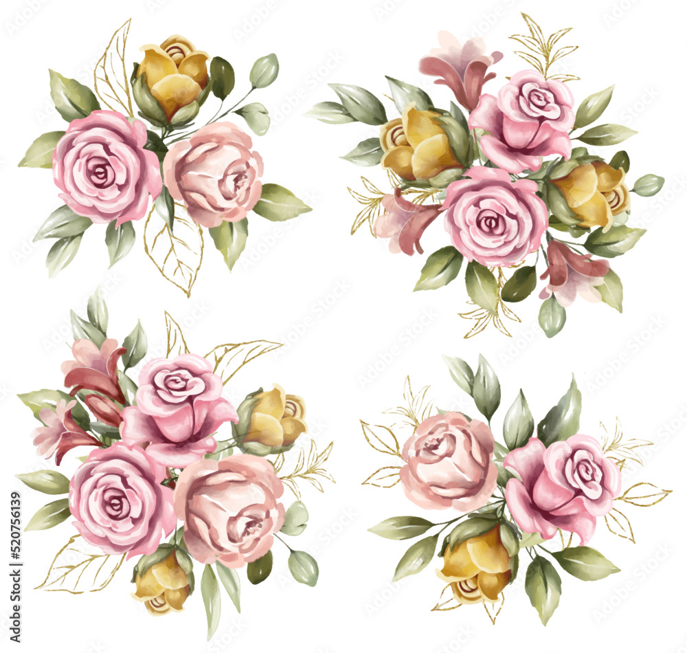 Set of watercolor floral frame bouquets of pink and yellow roses