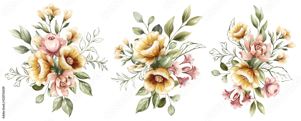 Set of watercolor floral frame bouquets of pink and yellow flowers