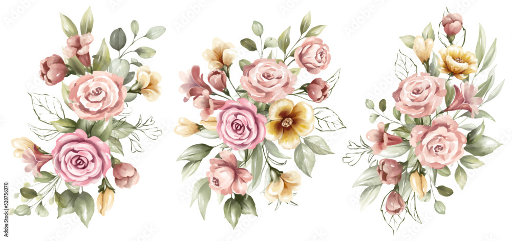 Set of watercolor floral frame bouquets of beautiful flowers
