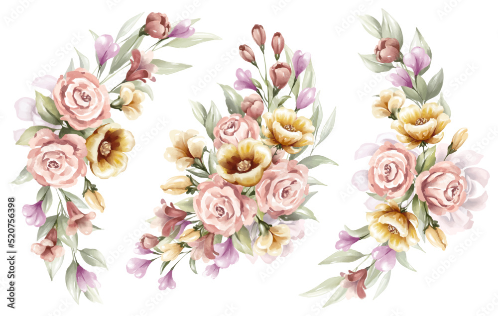 Set of watercolor floral arrangements for wedding or greeting cards elements