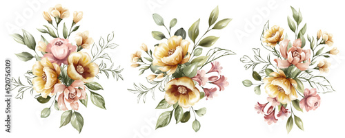 Set of watercolor floral frame bouquets of pink and yellow flowers © Yorda