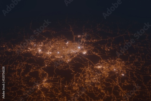 Aerial shot of Montgomery (Alabama, USA) at night, view from north. Imitation of satellite view on modern city with street lights and glow effect. 3d render