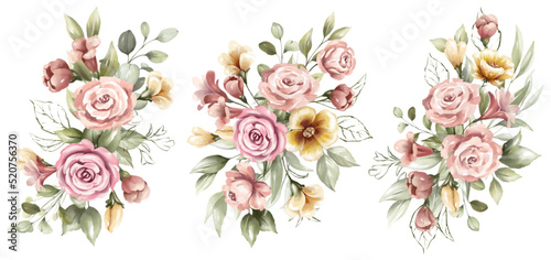 Set of watercolor floral frame bouquets of beautiful flowers © Yorda