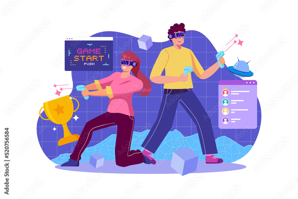 Man And Woman Playing VR Game Illustration concept. Man And Woman Playing VR Game Illustration concept.