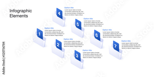 Business process chart infographics with 7 step folders. Corporate workflow graphic elements. Company flowchart presentation slide. Vector info graphic in isometric design.