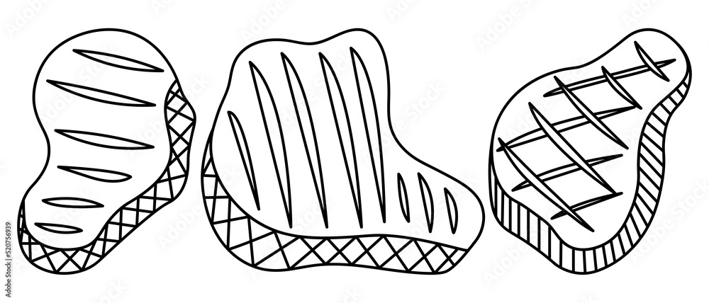 Steak. Pieces of meat of different shapes are prepared for frying on the grill. Sketch. Set of vector illustrations. Juicy meat with cuts. Grilled meat delicacies. Coloring book 