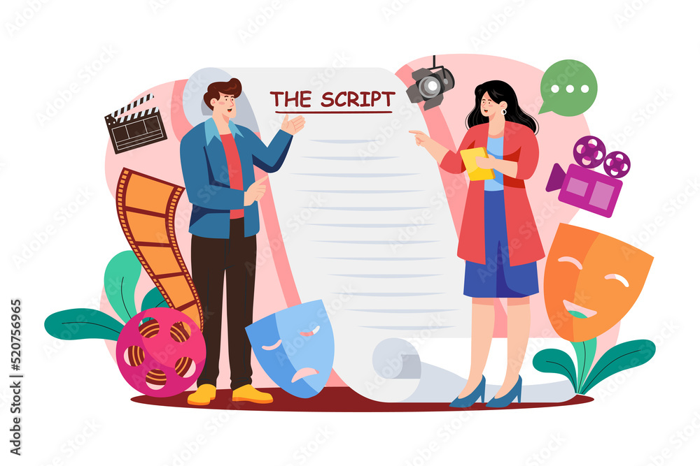 Actor reads the script, movie-making scene Illustration concept on white background Actor reads the script, movie-making scene Illustration concept on white background