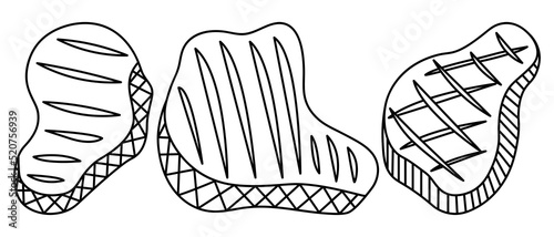 Steak. Pieces of meat of different shapes are prepared for frying on the grill. Sketch. Set of vector illustrations. Juicy meat with cuts. Grilled meat delicacies. Coloring book 