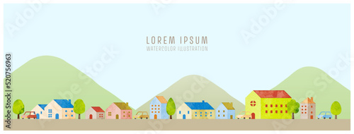 Vector landscape illustration for background and decoration. rearrangeable houses and trees