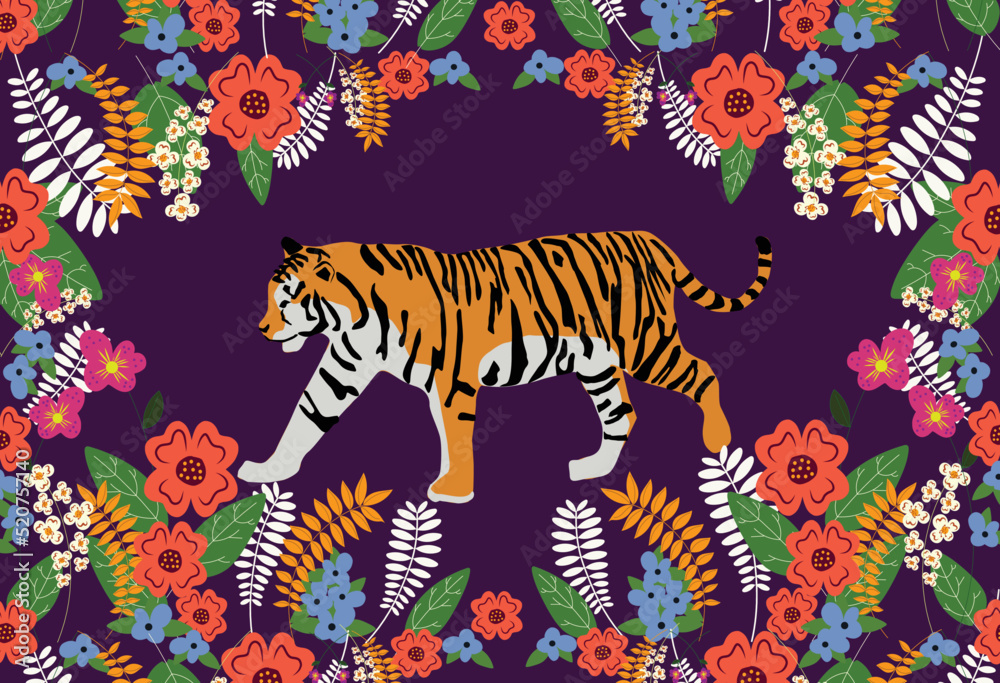 Seamless pattern with tiger and tropical flowers. Purple background with flowers for surface design. Botanical theme. Seamless pattern with tiger and tropical flowers. Purple background with flowers for surface design. Botanical theme.