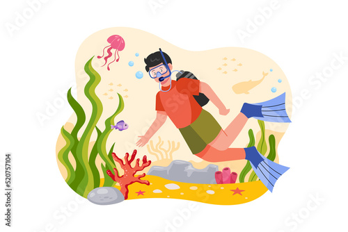 Boy enjoying scuba diving Illustration concept on white background © freeslab