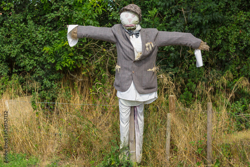 A charming scarecrow in the Yorkshire Countryside wearing a smart jacket, white shirt and a dickie bow.  Facing forward.  Horizontal.  Space for copy. photo