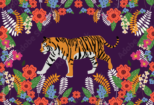 Seamless pattern with tiger and tropical flowers. Purple background with flowers for surface design. Botanical theme. 