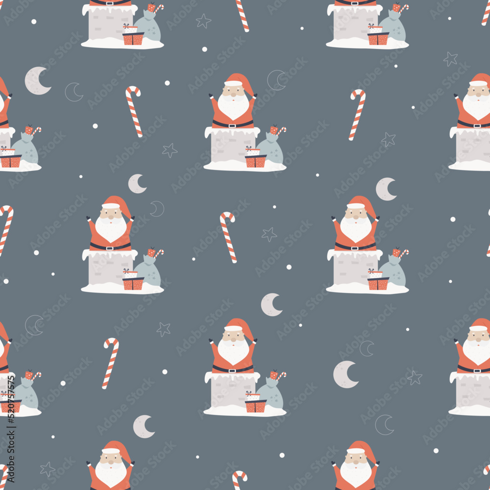 Naklejka premium Christmas seamless pattern with funny Santa Claus in chimneys, sacks with gifts, moons, candy sticks