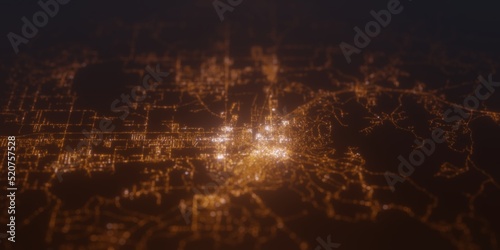 Street lights map of Helena (Montana, USA) with tilt-shift effect, view from west. Imitation of macro shot with blurred background. 3d render, selective focus photo