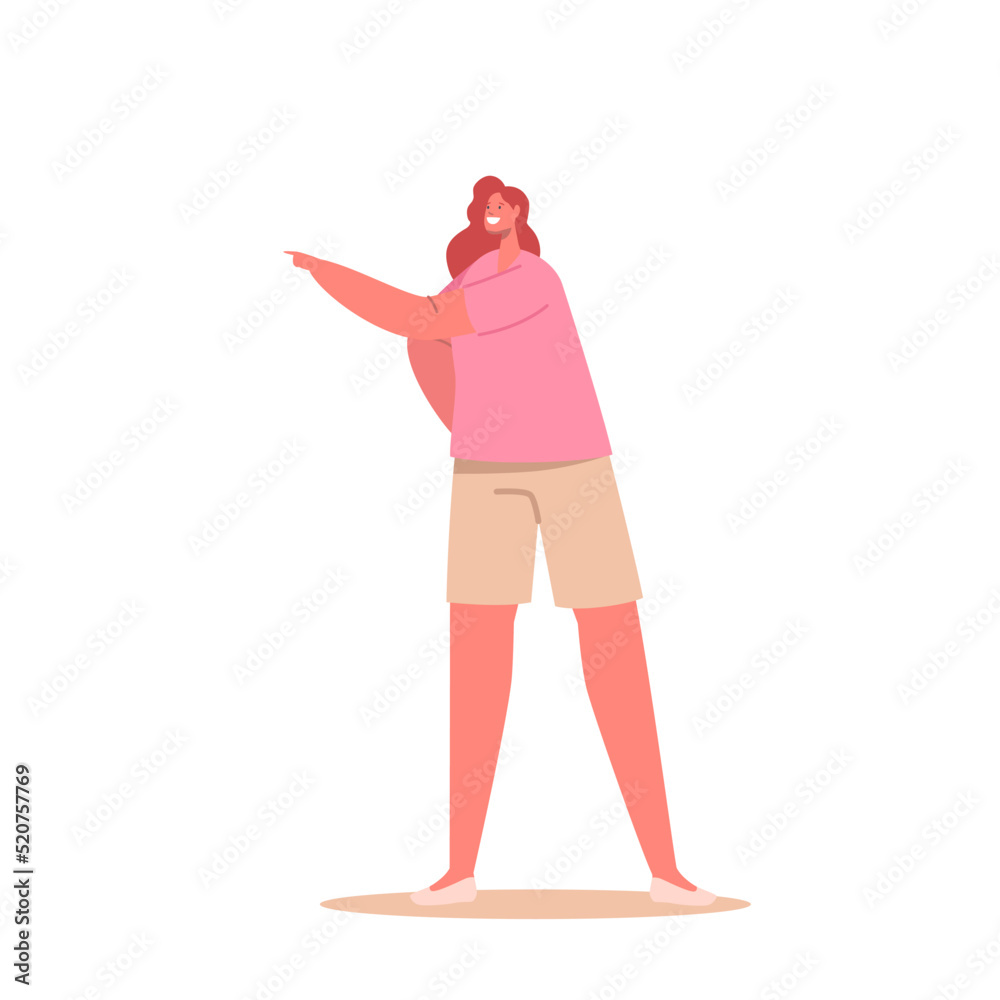 Stylish Woman Wearing Fashion Outfits Pink T-shirt and Beige Shorts Gesturing with Hand. Young Red Head Female Character