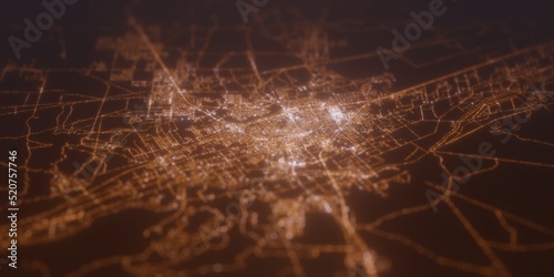 Street lights map of Las Cruces (New Mexico, USA) with tilt-shift effect, view from west. Imitation of macro shot with blurred background. 3d render, selective focus photo