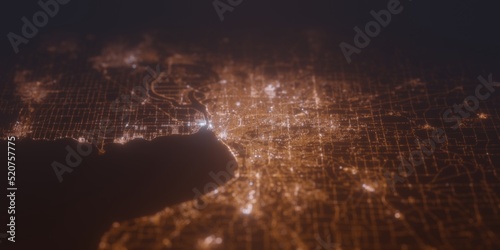 Street lights map of Buffalo (New York, USA) with tilt-shift effect, view from south. Imitation of macro shot with blurred background. 3d render, selective focus photo