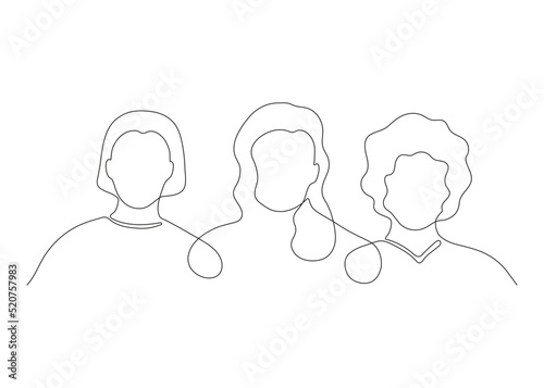 Community of women friend hug and support together, continuous one art line drawing. Sisterhood, friends, union of feminists, solidarity. Three human heads, girls team. Vector outline