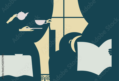 Vector illustration of wife pouring tea for husband reading newspaper