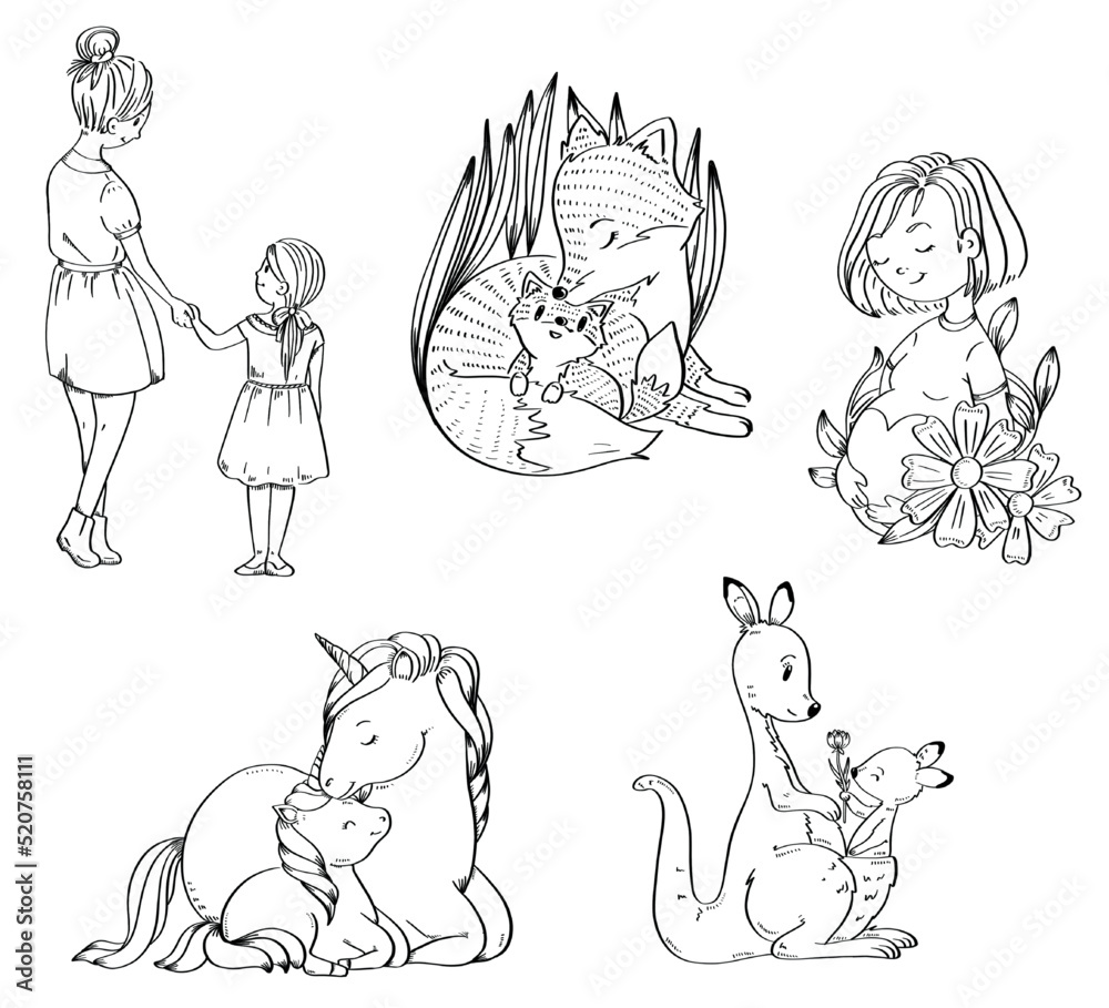 mother´s day set animals and people cute digital illustrations, no background no colour mother´s day set animals and people cute digital illustrations, no background no colour