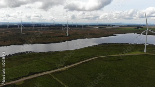 Aerial drone footage of wind turbines at Whitelee Windfarm in Eaglesham Moor, Scotland, UK photo