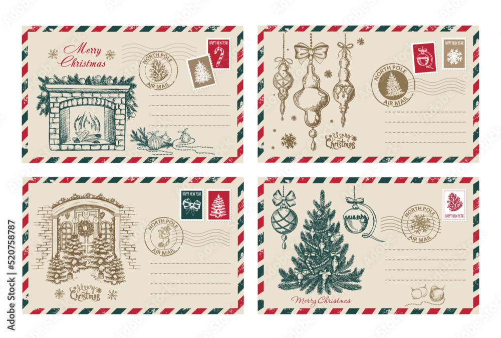 Christmas mail, postcard, hand drawn illustration.	