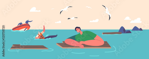 Exhausted People Swimming in Sea after Shipwreck. Man Trying to Survive in Ocean Floating on Wooden Plank