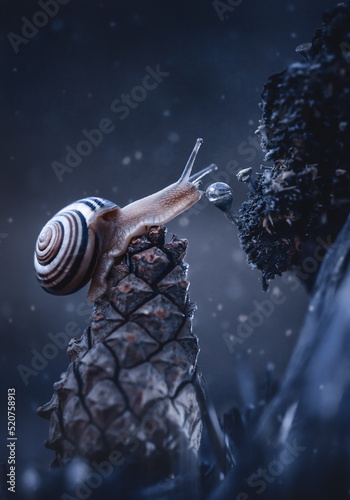 Magical beautiful fairy tale story. A snail in a fantasy world, in a magical enchanted fairy forest, explores the world, the desire to quench his thirst, the search for water. Magical atmosphere.