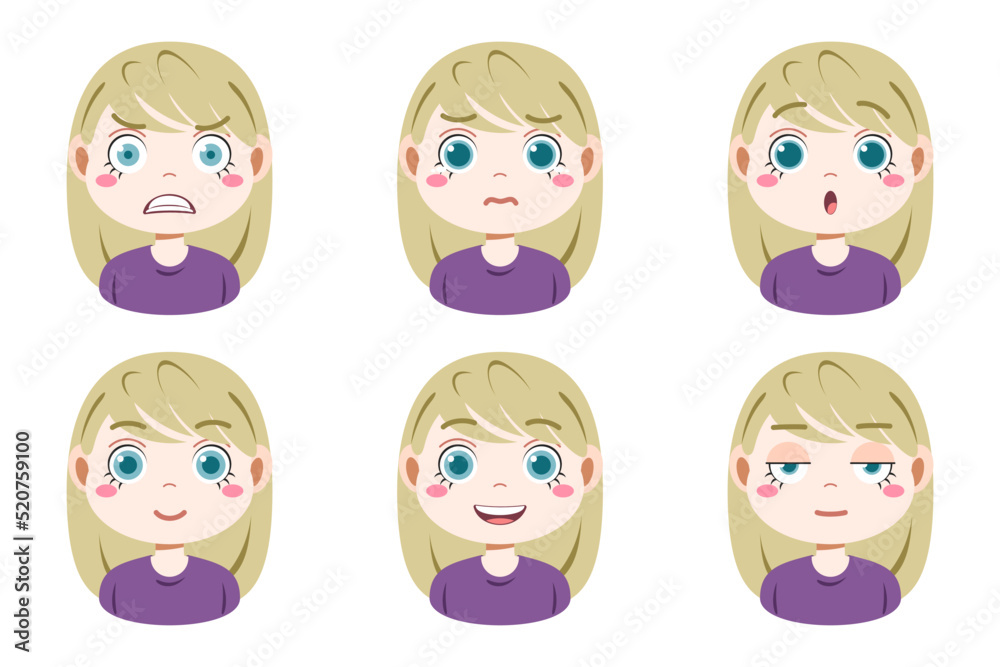 Collection of face expressions cute children cartoon character design. Different emotions girl Vector illustration. Face of smiling, crying, anger, surprise, indifferent isolated on white background. Collection of face expressions cute children cartoon character design. Different emotions girl Vector illustration. Face of smiling, crying, anger, surprise, indifferent isolated on white background.