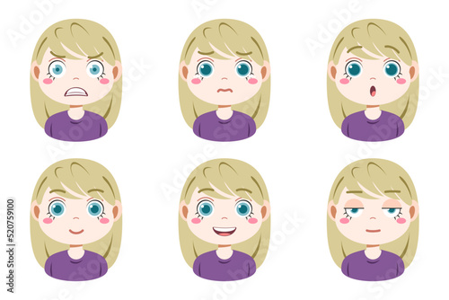 Collection of face expressions cute children cartoon character design. Different emotions girl Vector illustration. Face of smiling, crying, anger, surprise, indifferent isolated on white background.