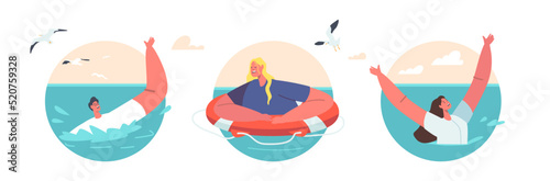 People Swimming in Sea after Shipwreck Isolated Round Icons. Exhausted Man and Women Waving Hands, Trying to Survive