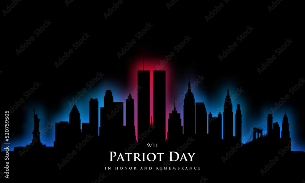 9/11 Patriot Day USA. Black New York skyline silhouette glowing red and blue neon. In honor and remembrance. Stock vector illustration.