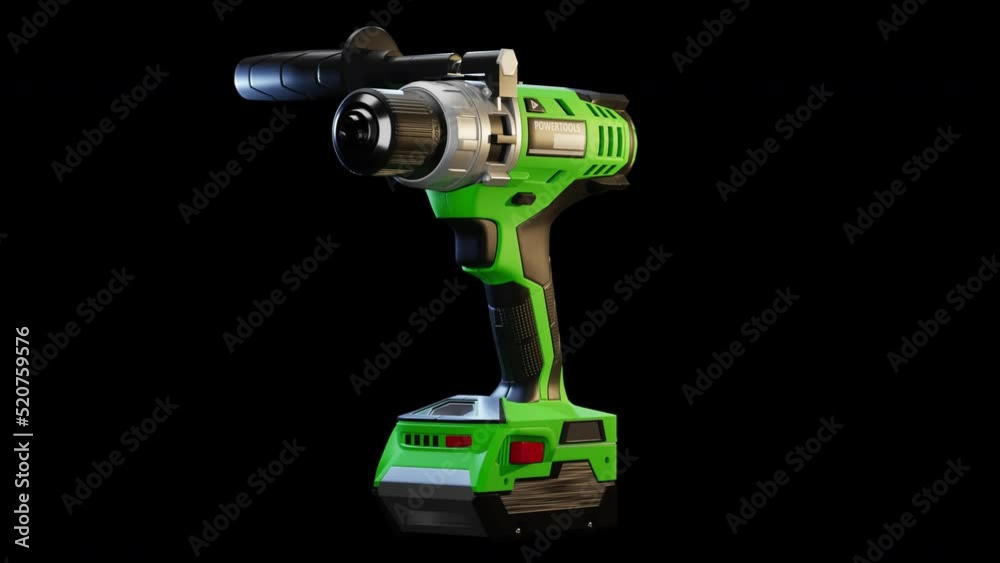 Cordless drill on black background. Loopable rotation. 3D rendering. Cordless drill on black background. Loopable rotation. 3D rendering.