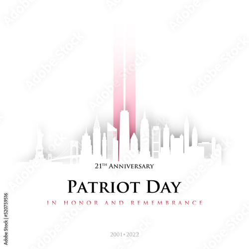 911 Patriot Day, New York skyline. NYC card design in origami style. 2 red stripes in form of twin towers. Design template for background, banner, card. 21 th Anniversary 2001-2022.