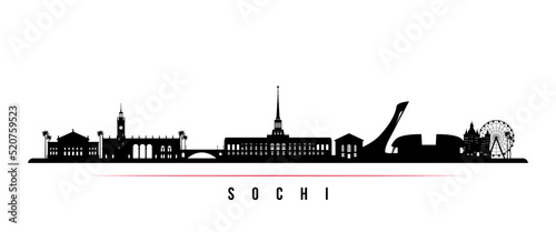 Sochi skyline horizontal banner. Black and white silhouette of Sochi, Russia. Vector template for your design.