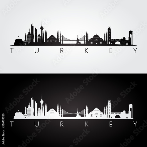 Turkey skyline and landmarks silhouette, black and white design, vector illustration.
