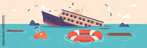 Shipwreck Accident, Catastrophe Concept. Sunken Cruise Ship In Ocean, Old Passenger Liner Sinking In Sea With Dedris