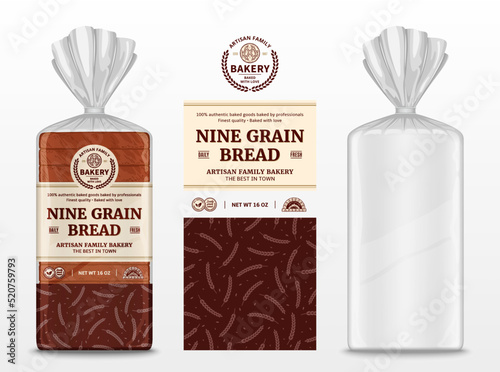 Vector bread packaging design. Transparent plastic bag packaging mockup