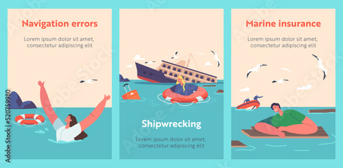 Shipwreck Cartoon Banners. Shocked People Try to Survive in Ocean with Sinking Ship and Scatter Floating Debris